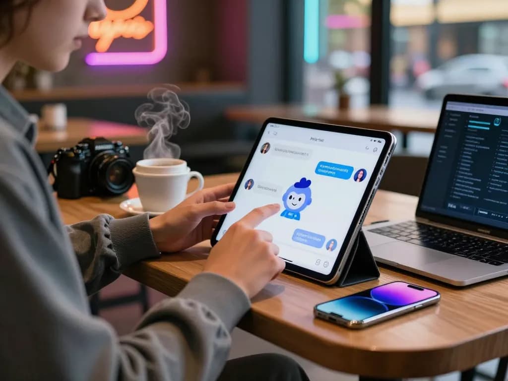 An interactive cafe scene showcasing a person using ai nsfw chatbot on a tablet amidst vibrant urban atmosphere and digital devices.