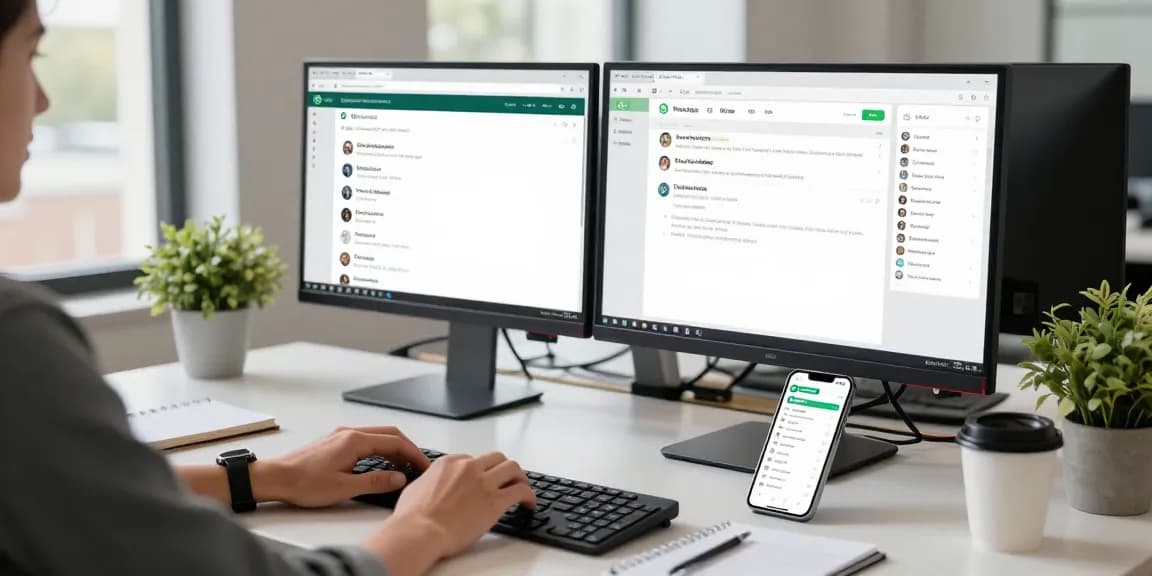 User exploring WhatsApp電腦版 in a modern workspace with dual monitors and coffee.
