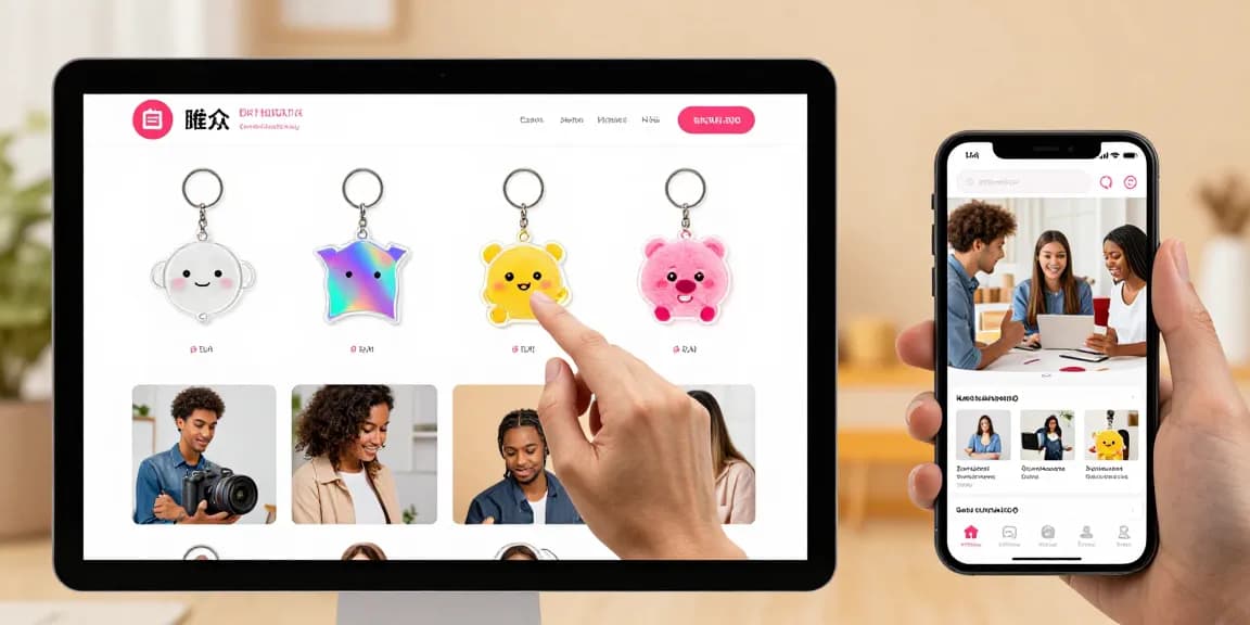 Shop custom keychains in a vibrant online store with diverse designs and engaging interface.