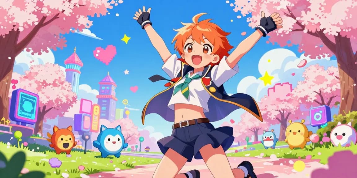 Vibrant anime ecchi scene showcasing AI character surrounded by sakura trees and whimsical elements.