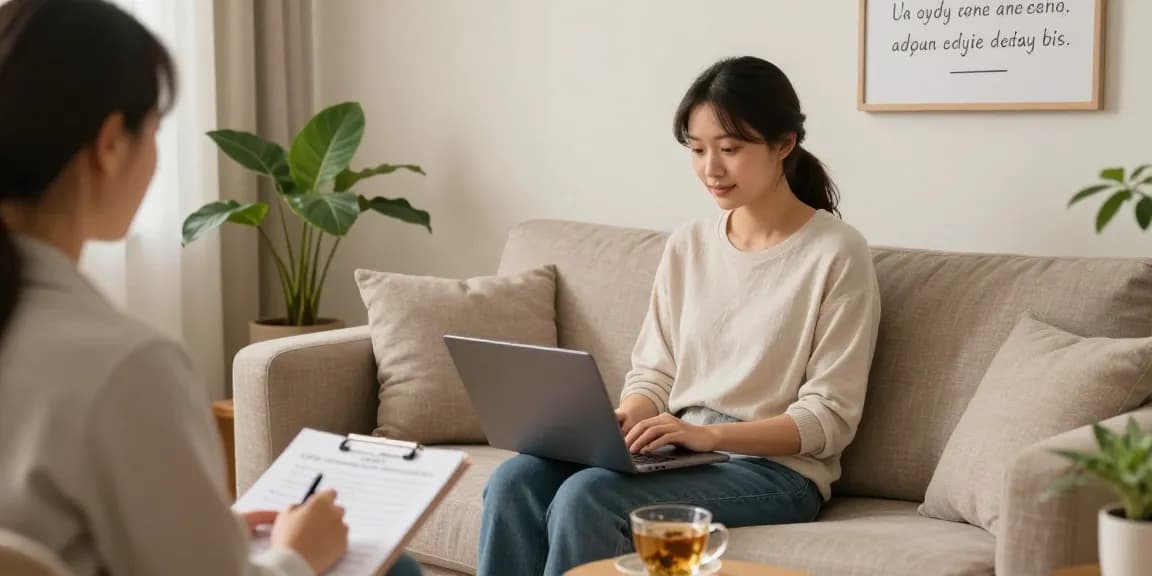 Individual taking an online ocd test in a serene therapy room, surrounded by calming decor.