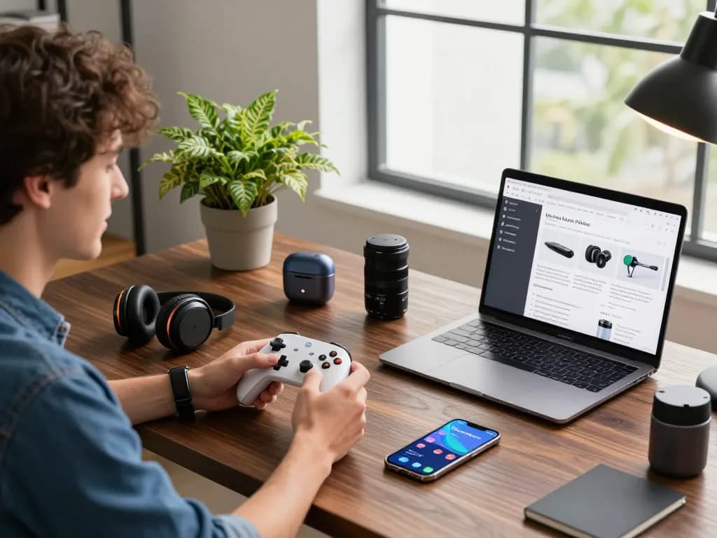 Engaged professional testing top 10 tech gadgets 2093 in a vibrant home office.