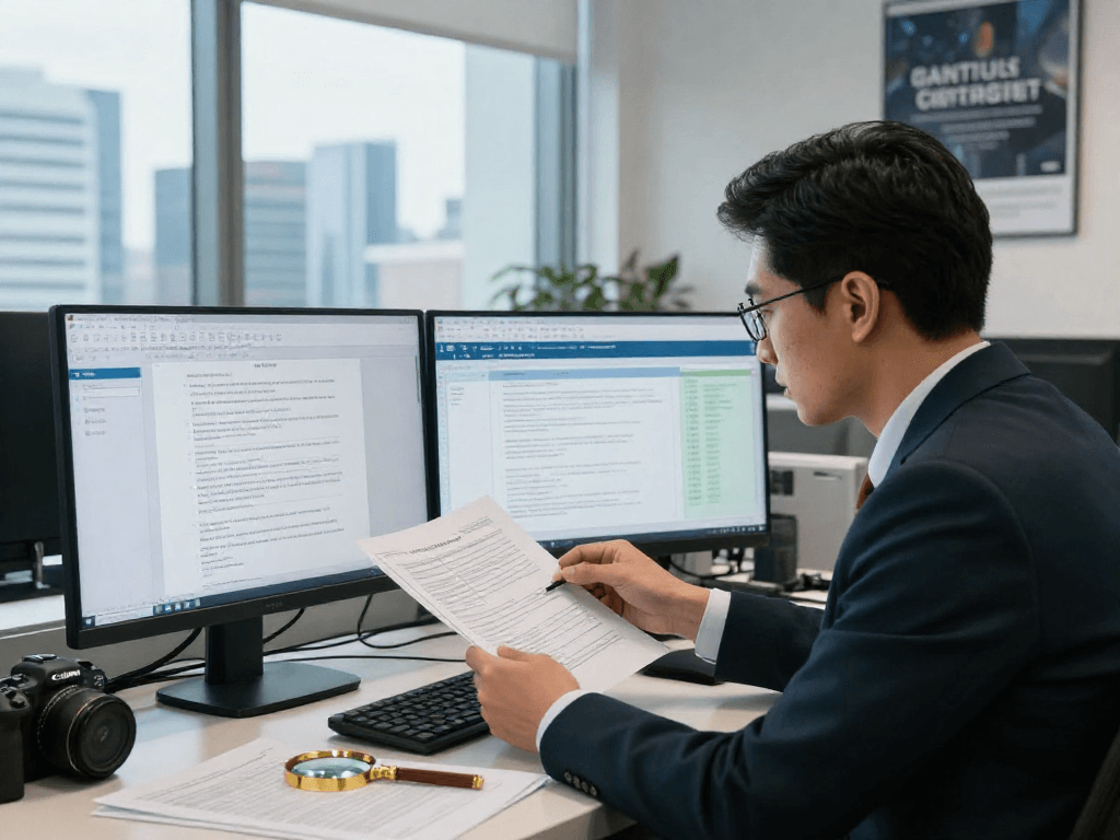 Professional analyzing document fraud detection software in a modern office