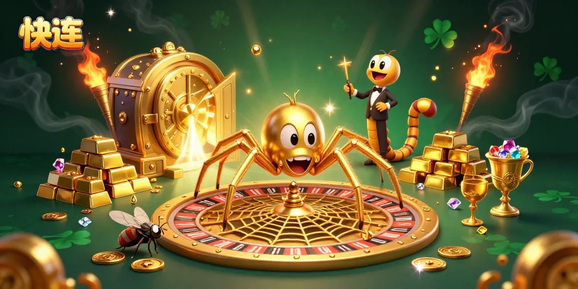 Engage in gambling with 快连 as a golden spider spins a roulette wheel web, surrounded by treasures.
