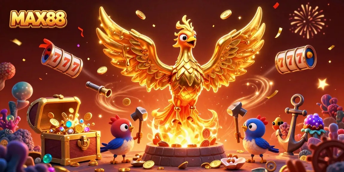 MAX88 showcases a molten metal phoenix among slot reels and treasures in a vibrant casino scene.