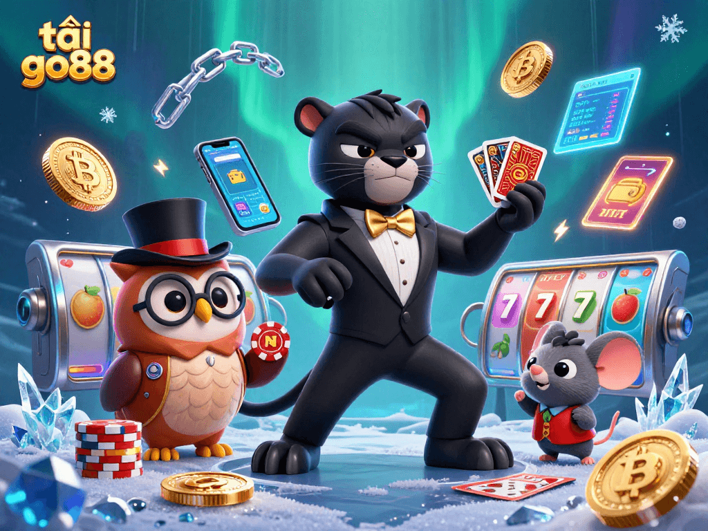 Engage with tải go88 as the cartoon panther deals cards amid crypto and slot symbols in a vibrant scene.