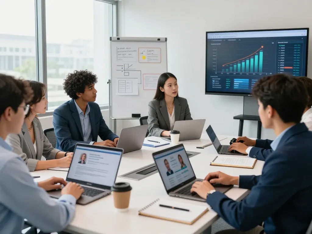 Dynamic teamwork among staffing agencies professionals strategizing talent acquisition in a bright conference room.