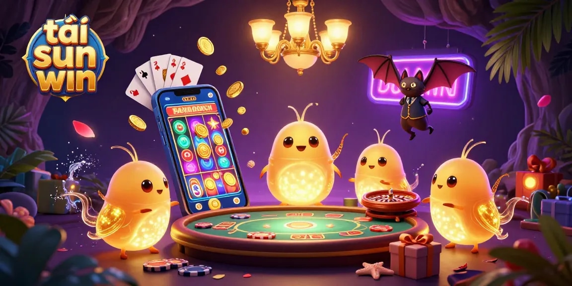 Light up your wins with tải sun win in this vibrant 3D casino scene featuring glowing characters and slot games.