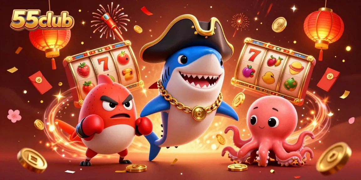 Play exciting 55club slot games featuring a pirate shark, pufferfish, and octopus in vibrant 3D