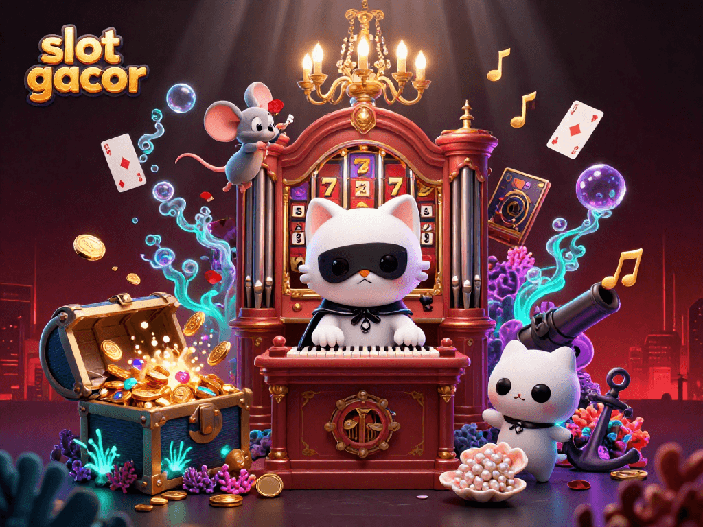 Experience the thrill of slot gacor with a phantom cat playing at an ornate pipe organ surrounded by casino elements.