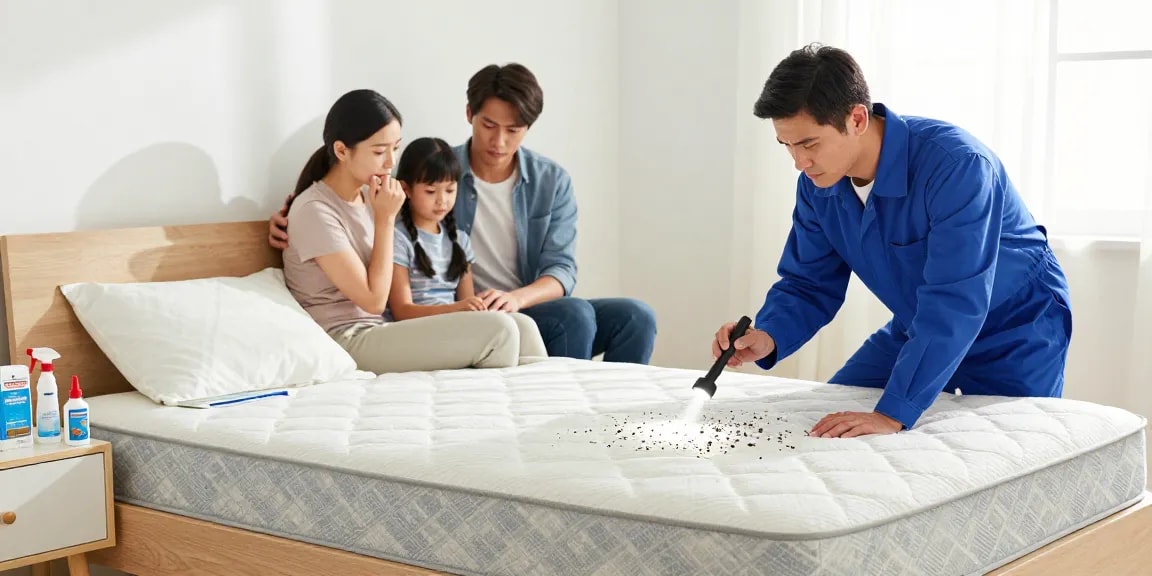 Professional bed bug pest control inspection in a bright bedroom, showcasing eco-friendly treatment solutions and a reassuring environment.