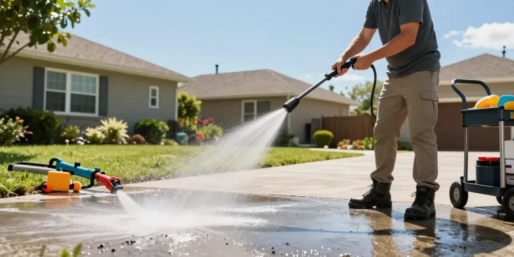 Homeowner using a Bosch pressure washer to clean a driveway, showcasing effective cleaning power.