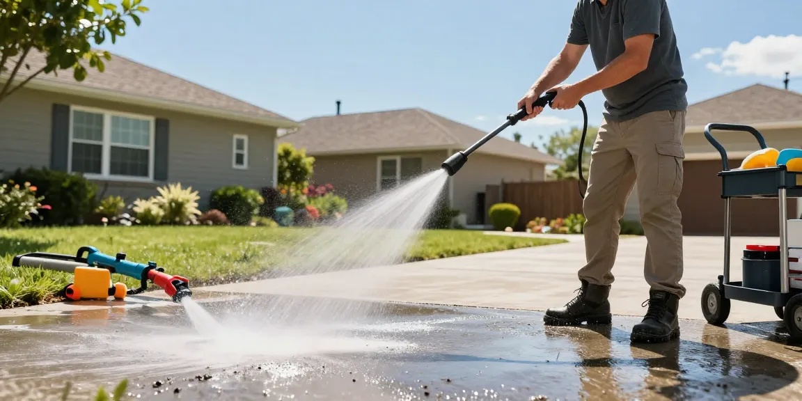 Homeowner using a Bosch pressure washer to clean a driveway, showcasing effective cleaning power.