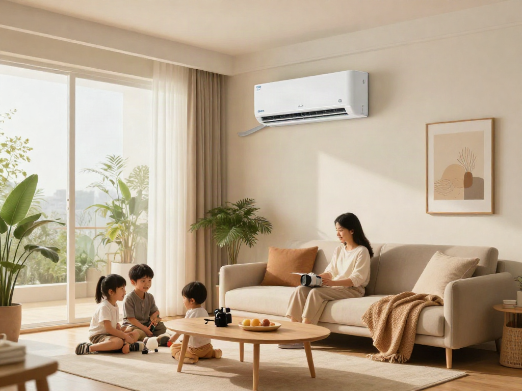 Cozy home living room with an 18k mini split air conditioner providing efficient cooling.
