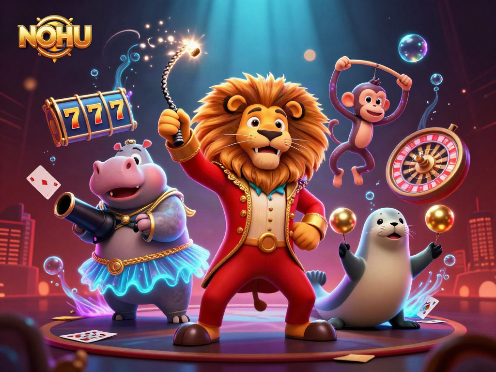 Engage with NOHU's vibrant casino scene featuring animated characters and exciting gambling elements.