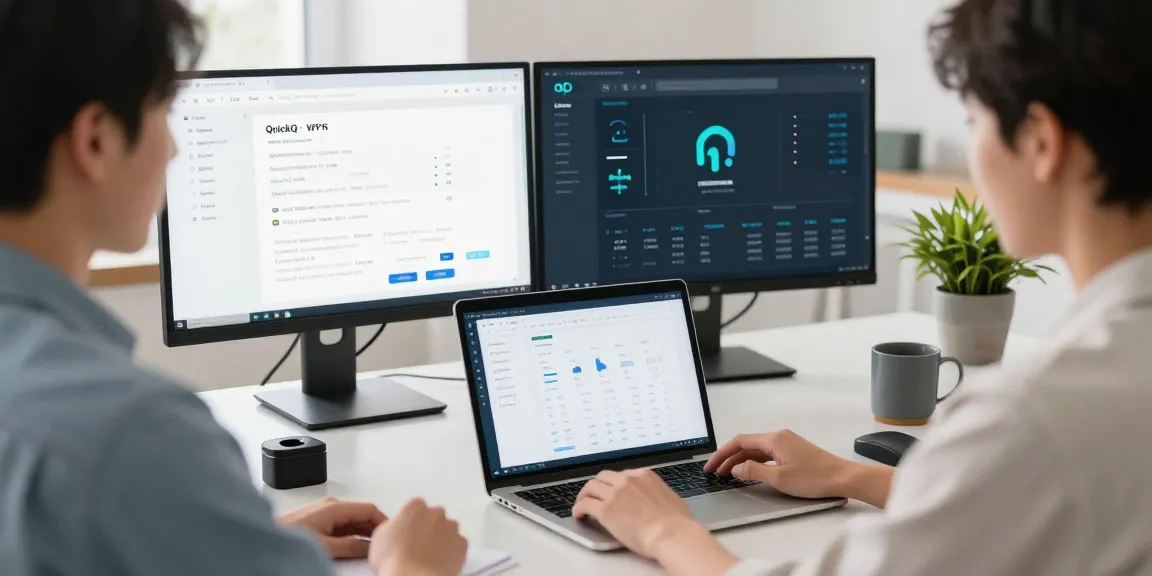 使用quickq电脑版进行安全网络连接的年轻专业人士在现代办公室中工作