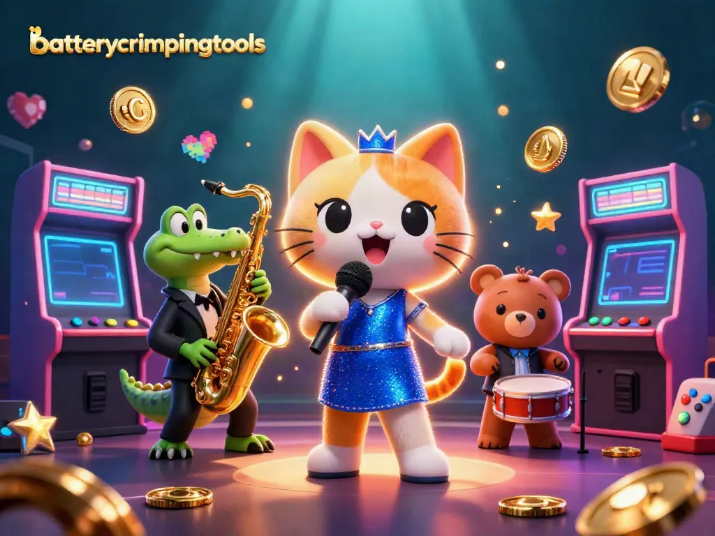 Engage with batterycrimpingtools in a vibrant casino scene featuring a singing cat and jazz band.