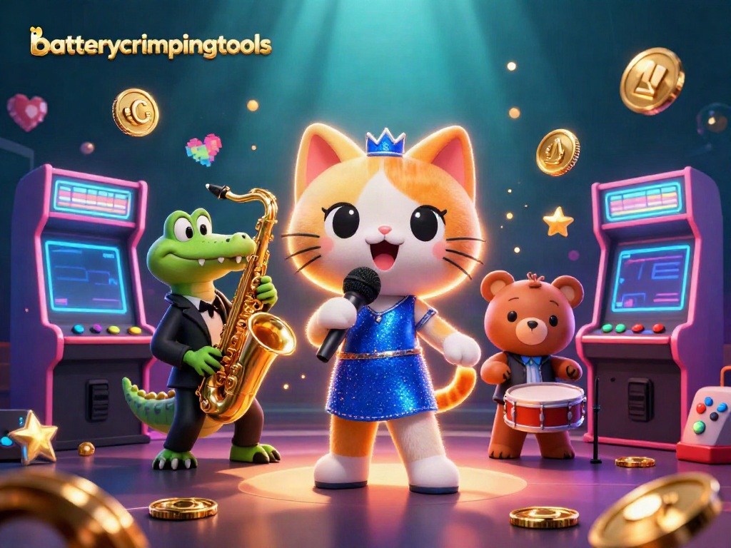 Engage with batterycrimpingtools in a vibrant casino scene featuring a singing cat and jazz band.