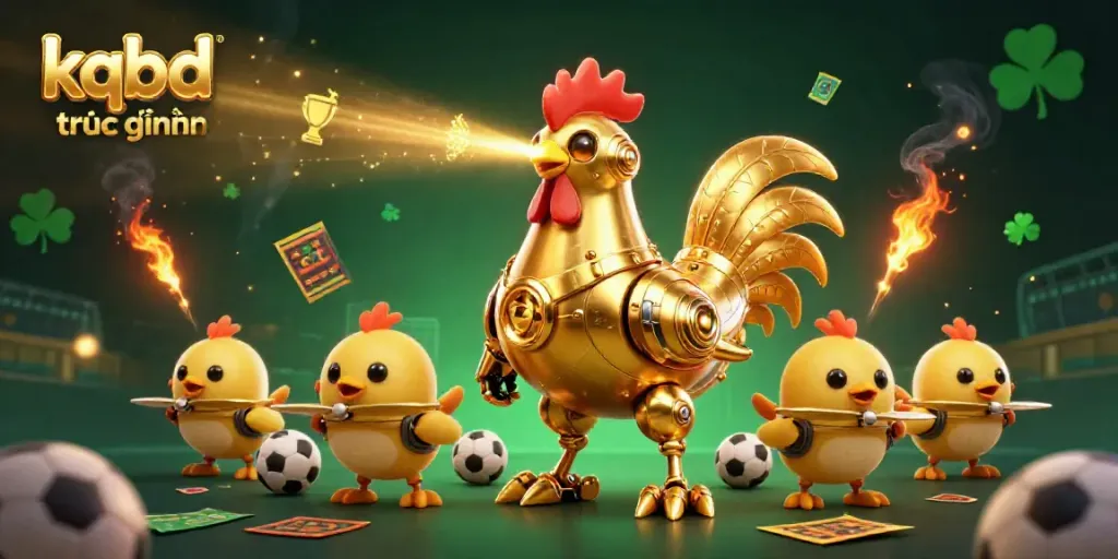 Experience the excitement of kqbd trưc tuyến with a dynamic cartoon scene featuring a retro-futuristic golden rooster robot and baby chick drones in a gambling setting.