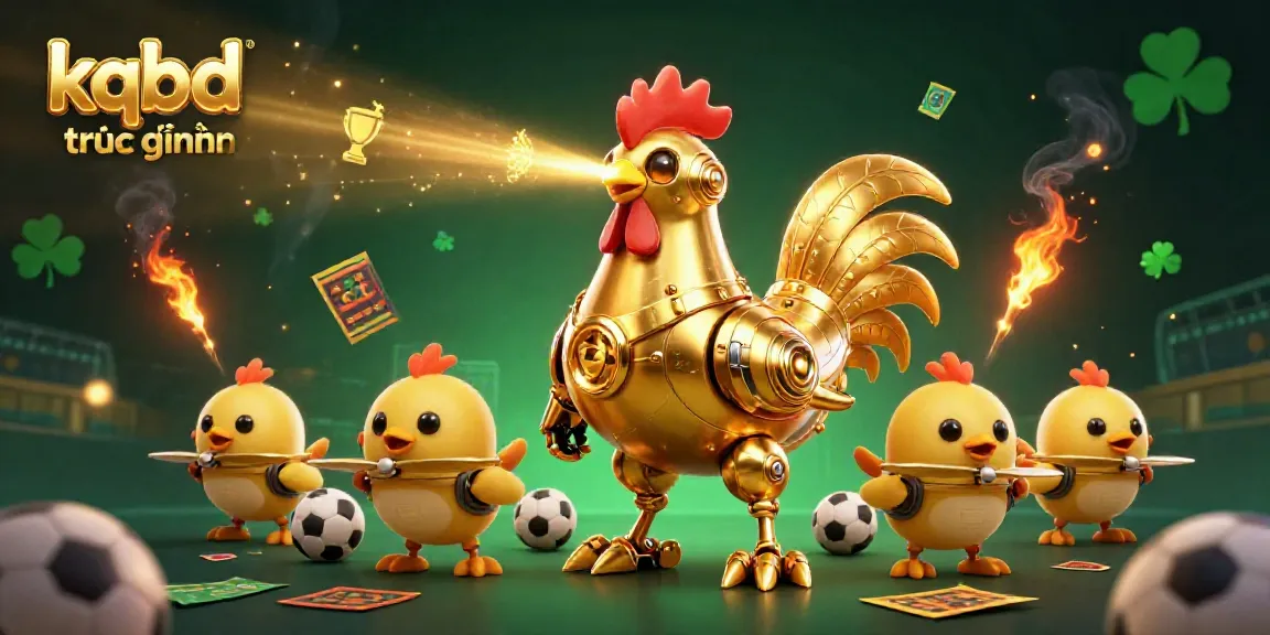 Experience the excitement of kqbd trưc tuyến with a dynamic cartoon scene featuring a retro-futuristic golden rooster robot and baby chick drones in a gambling setting.