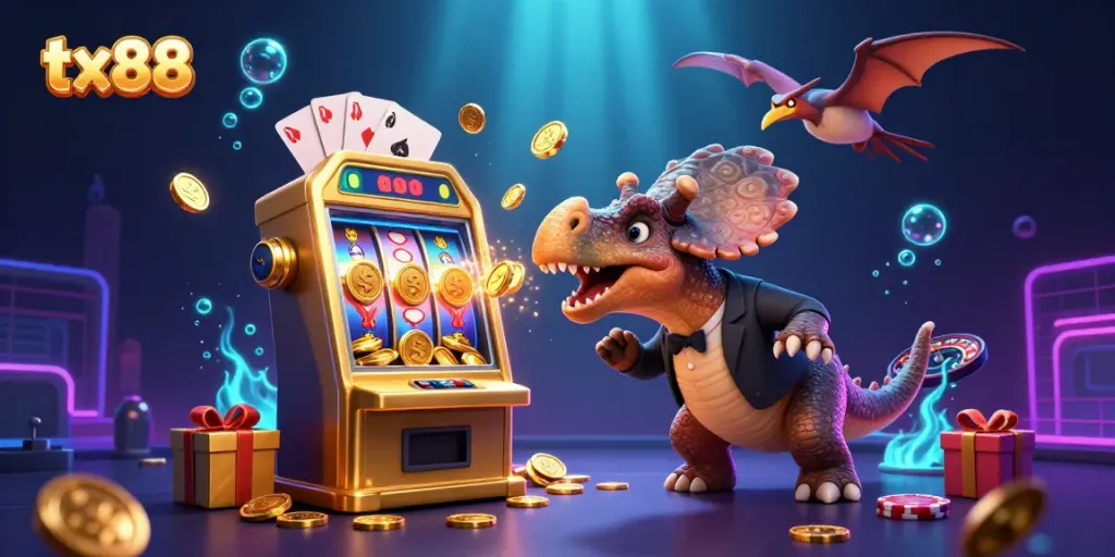 Experience the thrill at tx88 as a pachycephalosaurus wins a jackpot, capturing vibrant casino elements.