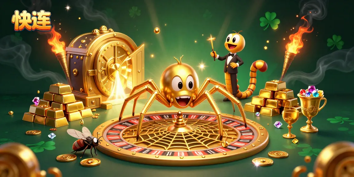 Engage in gambling with 快连 as a golden spider spins a roulette wheel web, surrounded by treasures.
