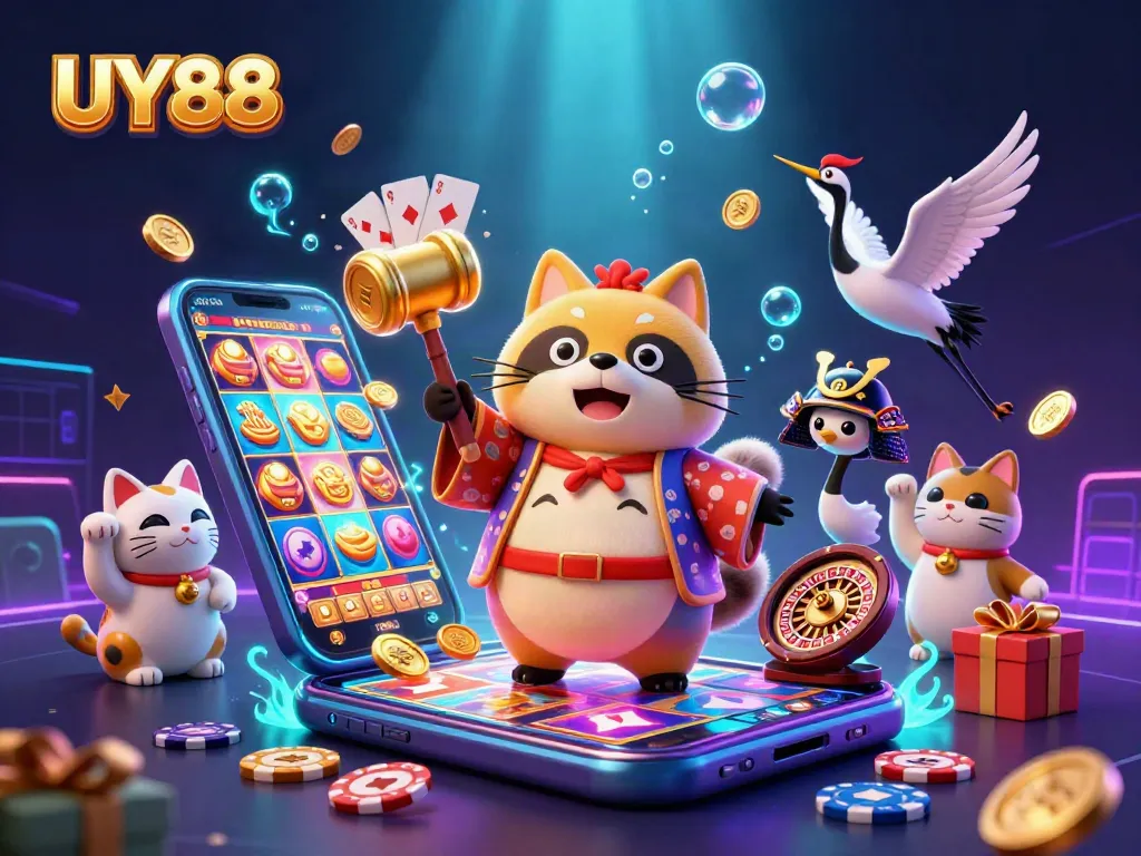 Spin the slots at UY88 with vibrant characters and exciting gaming elements in a dynamic 3D scene.