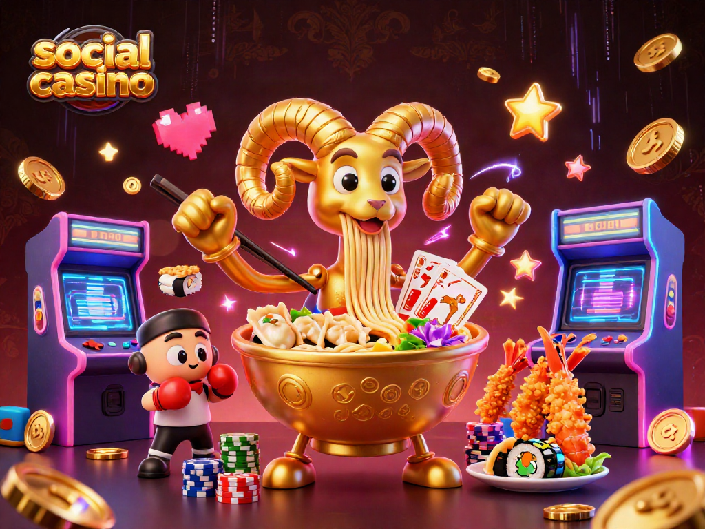 Engage with the vibrant social casino scene showcasing colorful characters and gaming elements.