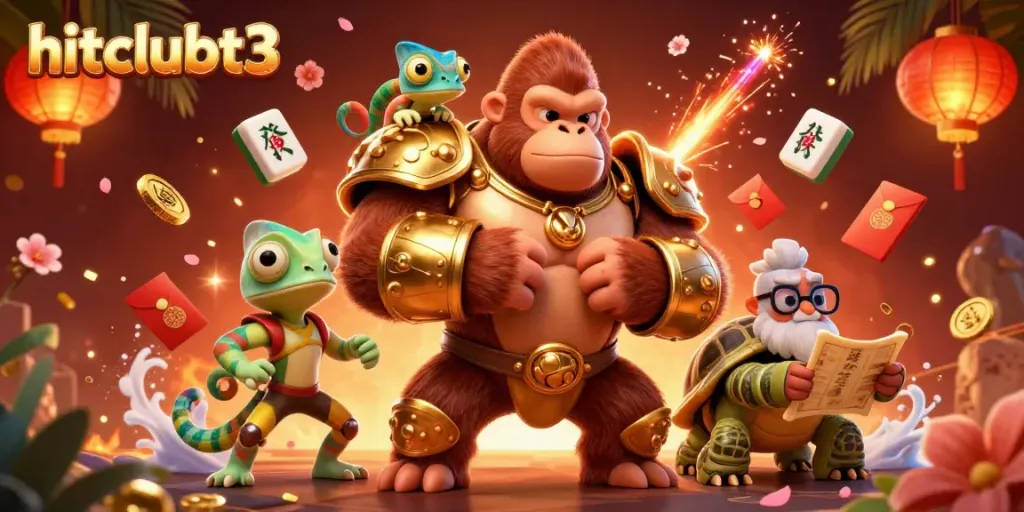 Experience the vibrant scene of hitclubt3, where a powerful gorilla king commands attention amidst a festive array of gambling elements.