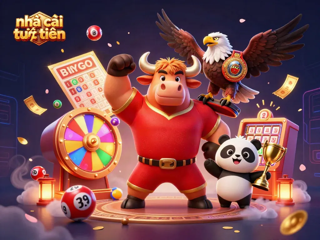Experience thrilling wins with nhà cái trực tuyến, featuring a dynamic bull mascot, a championship eagle, and a trophy panda.