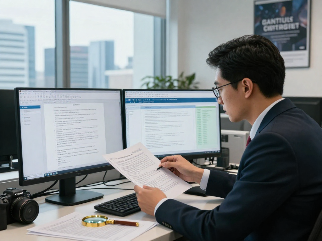 Professional analyzing document fraud detection software in a modern office