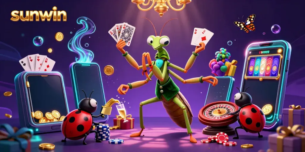 Experience sunwin with vibrant action in a 3D casino scene featuring card games, chips, and jackpots.