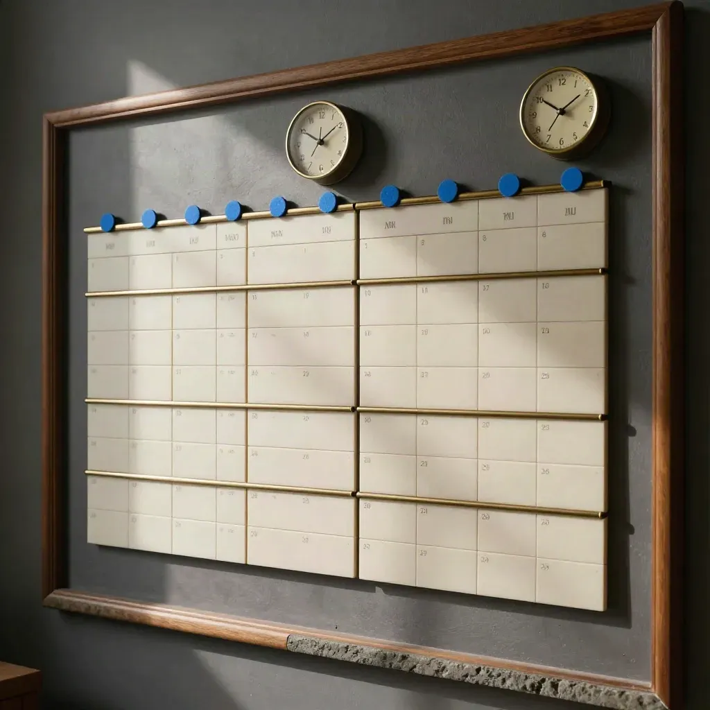 Overhead modular calendar wall with blue dots and two clocks aligned at different times.