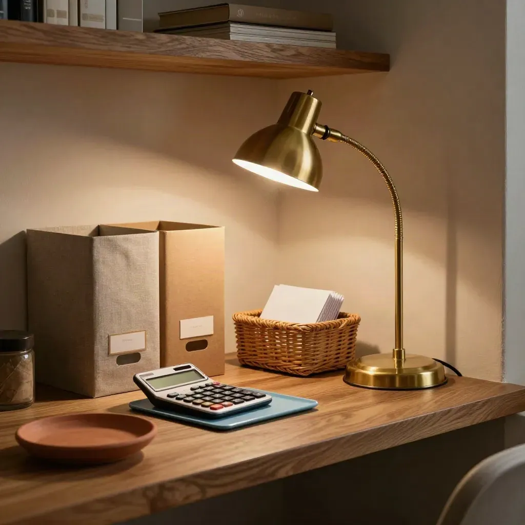 Warm admin corner with calculator, file boxes, receipt basket and brass lamp in evening light.