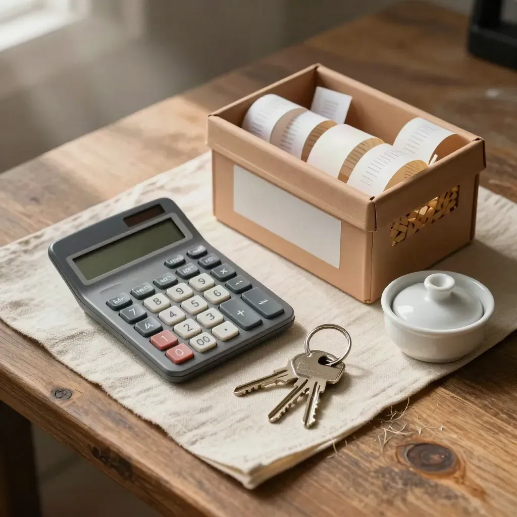 Overhead admin tools on linen: calculator, file box, receipt basket and keys in soft daylight.
