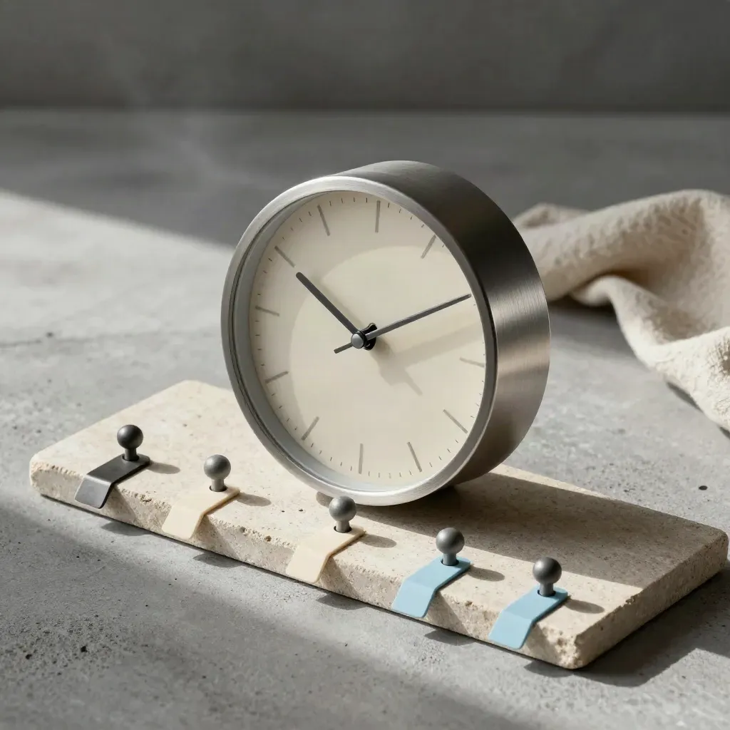 Minimal still life of a clock, reminder pegs, tray markers, and linen on concrete