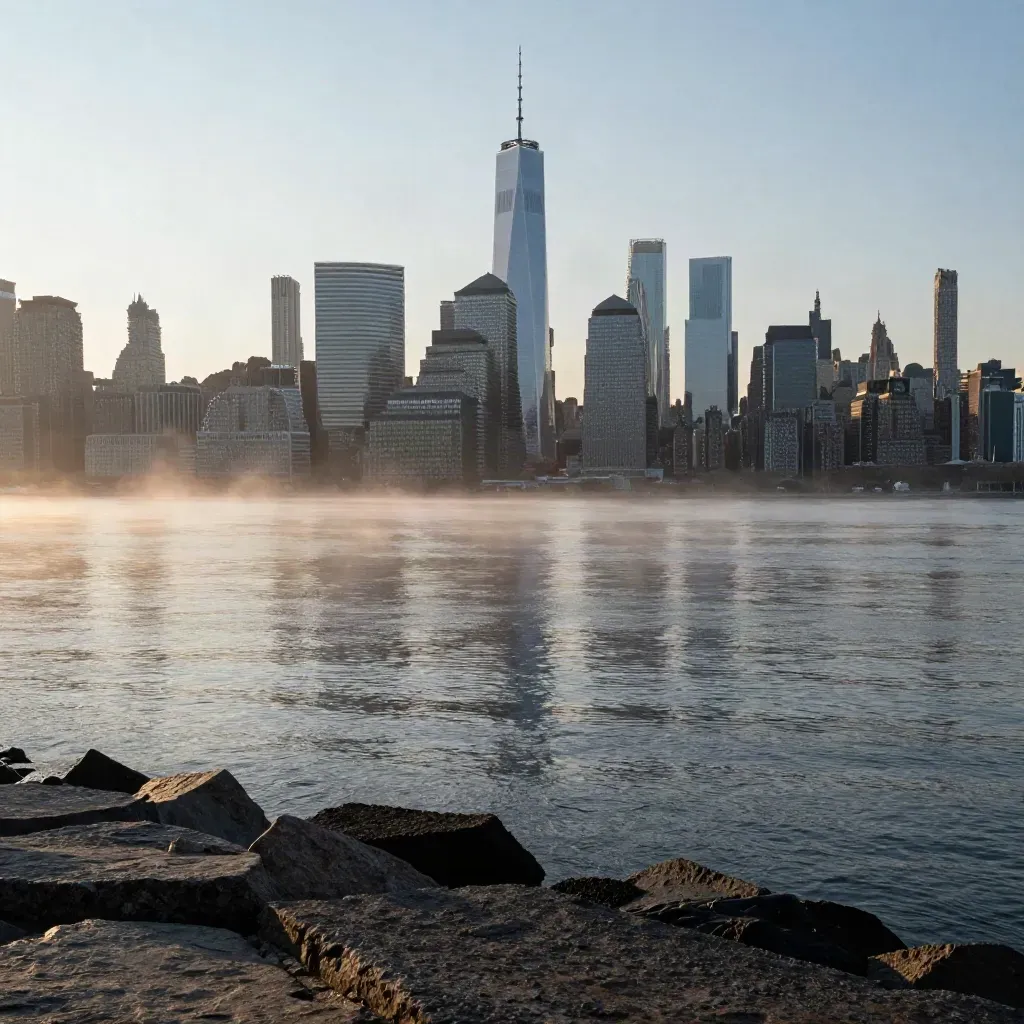 Lower Manhattan skyline over a misty Brooklyn waterfront at dawn