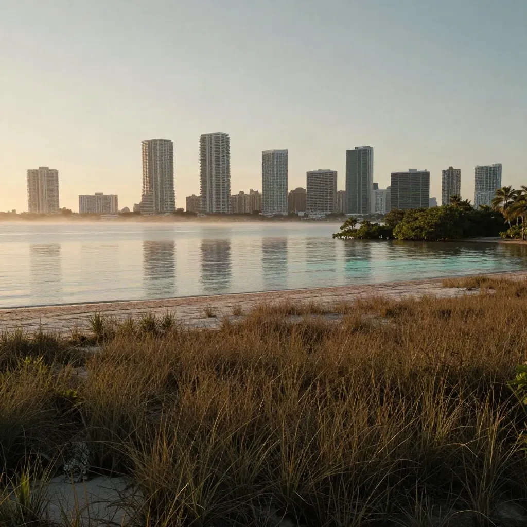 Miami skyline over calm Biscayne Bay at sunrise, with mangroves, mist, and open water