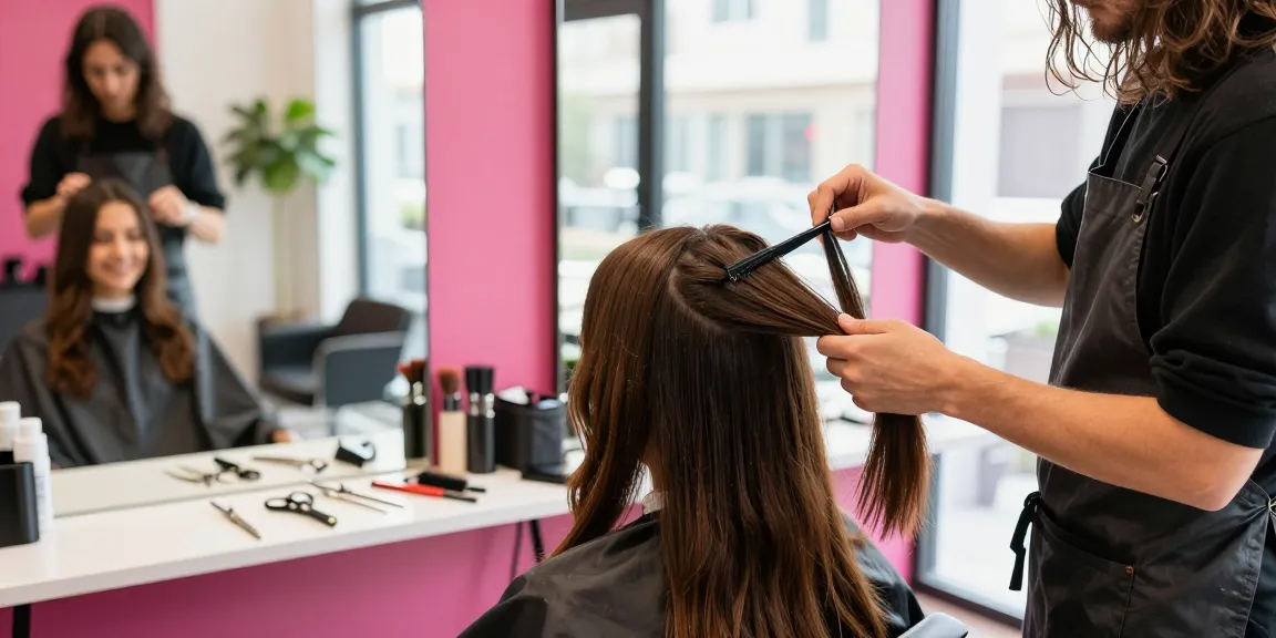 Tape-in extensions human hair being expertly applied in a modern salon setting, highlighting stylist-client interaction.