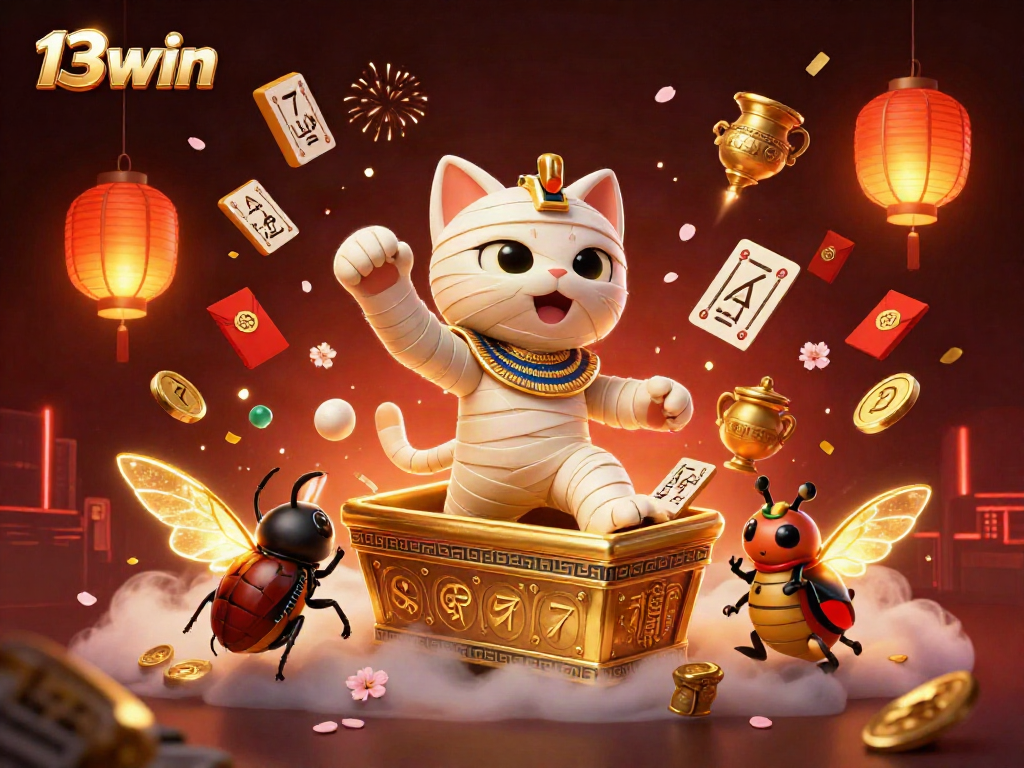 Experience the excitement of 13win with a vibrant 3D casino illustration featuring an Egyptian mummy cat!