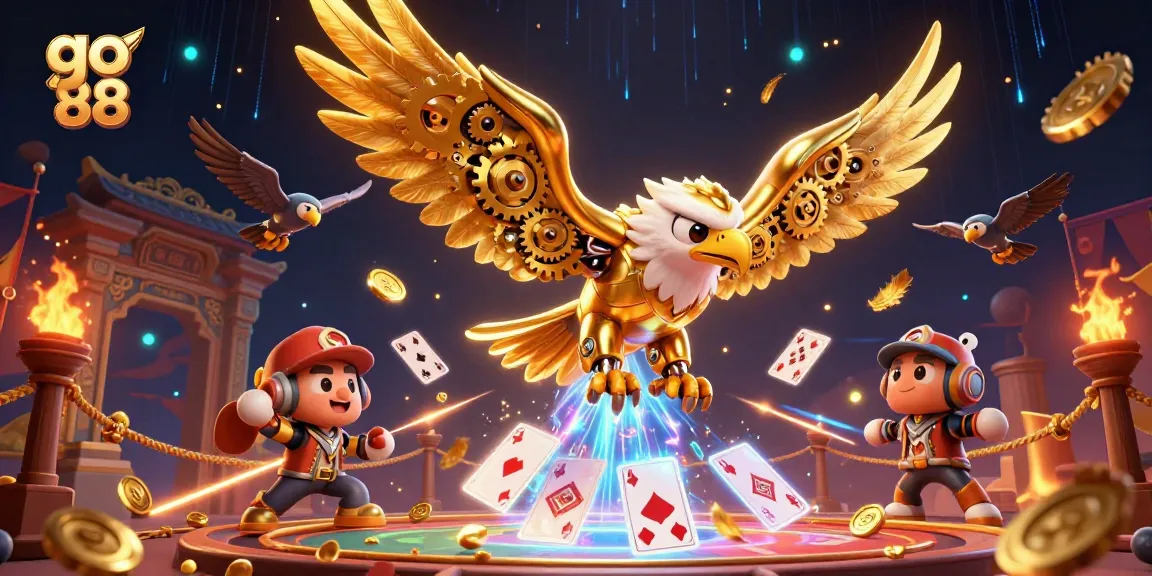 Experience thrilling action with go 88 as a cybernetic eagle soars through holographic cards in a vibrant casino scene.