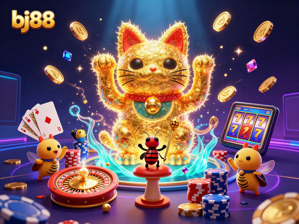 Win big with bj88 in this vibrant 3D casino scene featuring a lucky cat and exciting gaming elements.