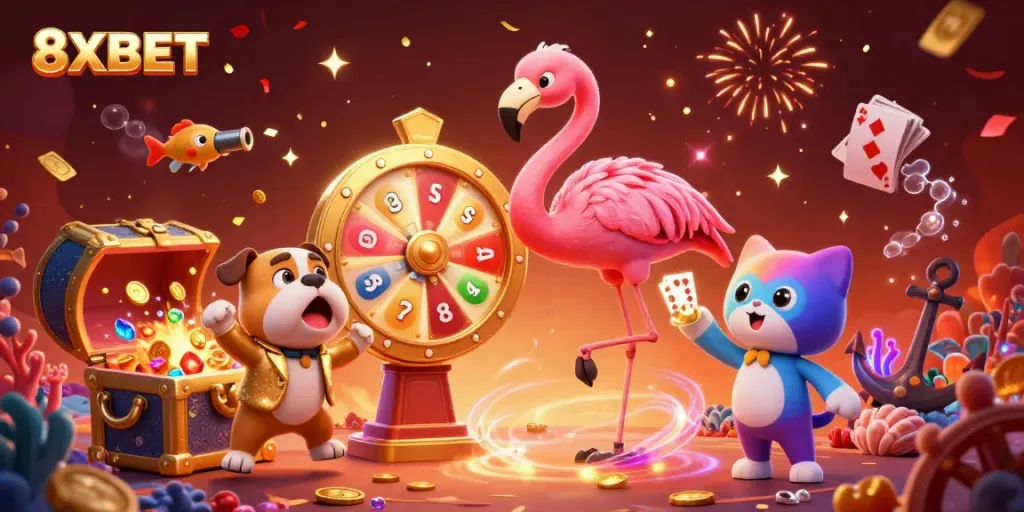 Experience the excitement of 8XBET with a vibrant gaming scene featuring colorful casino elements and playful characters.
