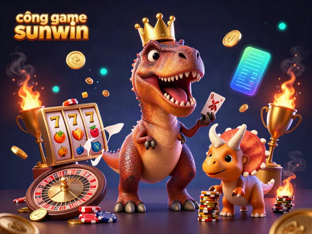 Experience excitement at cổng game sunwin with friendly cartoon dinosaurs engaged in casino games.