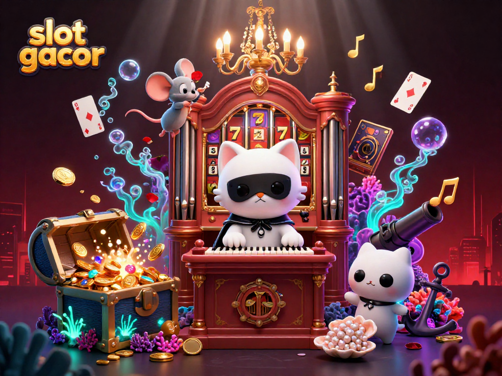 Experience the thrill of slot gacor with a phantom cat playing at an ornate pipe organ surrounded by casino elements.