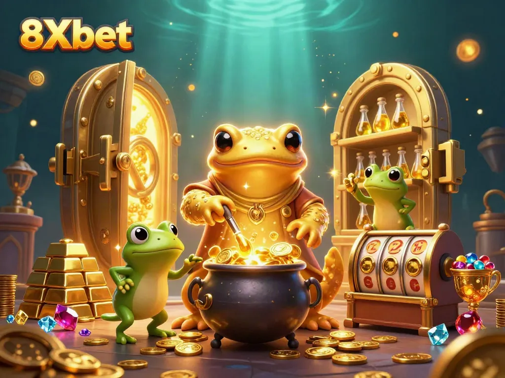 Experience the magic of 8Xbet with a golden salamander alchemist and dazzling gold coins.