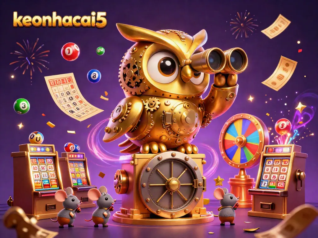 Enhanced gaming experience with keonhacai5 as golden owl oversees lively casino scene.