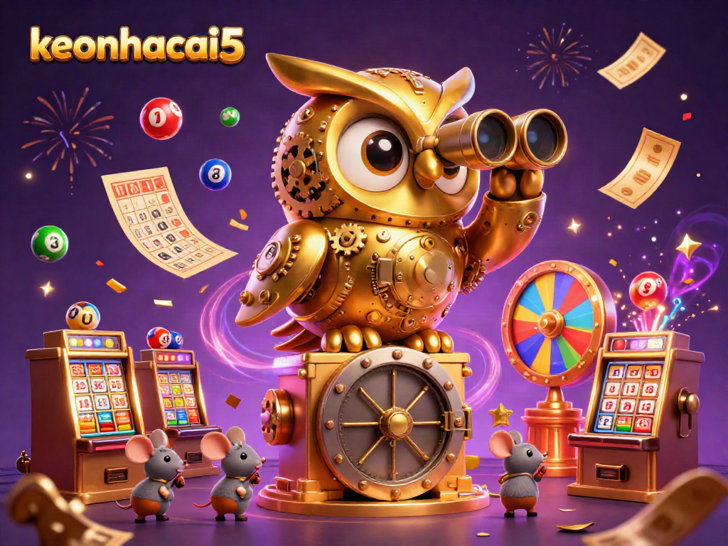Enhanced gaming experience with keonhacai5 as golden owl oversees lively casino scene.
