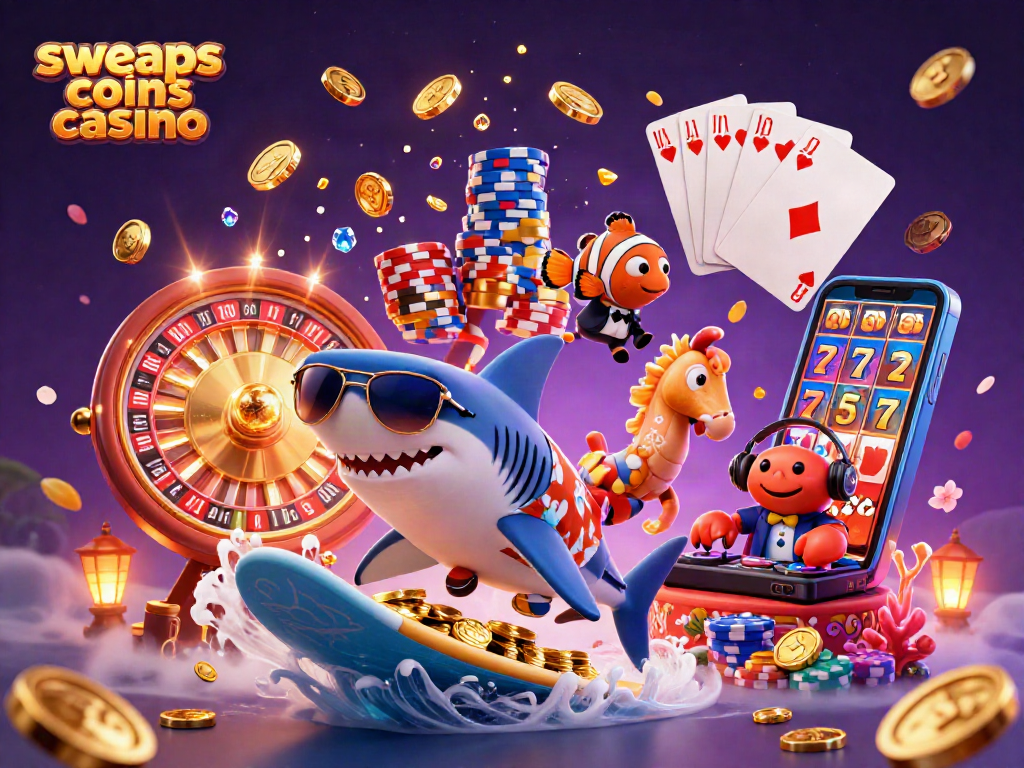 Surf the waves at sweeps coins casino with a shark, seahorse, and DJ crab amidst golden treasures.