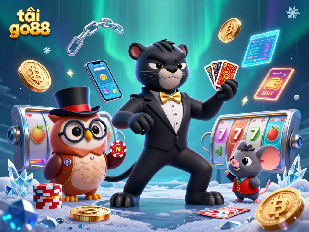 Engage with tải go88 as the cartoon panther deals cards amid crypto and slot symbols in a vibrant scene.